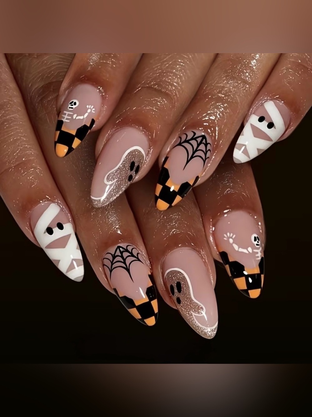 Halloween Ghost & Checkerboard Press On Nails - 24 Pcs